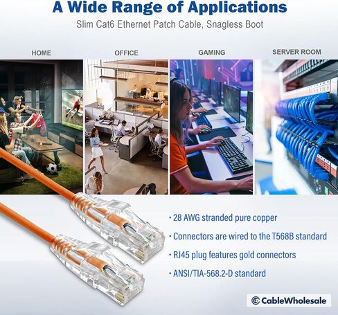 CableWholesale Cat6 Slim Ethernet Patch Cable ، 28AWG ، ETL Addressed ، RJ45 Gold Plate Connector Snagless/Boot unshieared (UTP) ، كابل شبكة الإنترنت ، برتقالي ، 6 أقدام in Kuwait