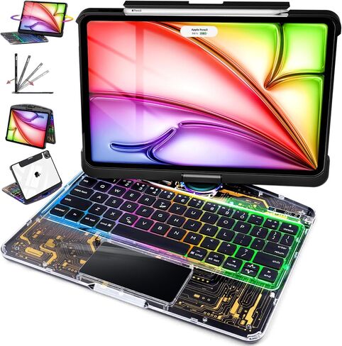 iPad Air 13" Keyboard Case (M3, 2025) – 360° Rotating Multi-Touch Trackpad, RGB Backlit Keyboard, Transparent Back & Chip Panel, Pencil Holder, Type-C Charging – Tech Circuit X in Saudi Arabia