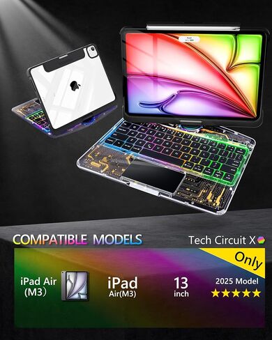 iPad Air 13" Keyboard Case (M3, 2025) – 360° Rotating Multi-Touch Trackpad, RGB Backlit Keyboard, Transparent Back & Chip Panel, Pencil Holder, Type-C Charging – Tech Circuit X in Saudi Arabia