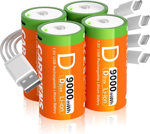 9000MWH قابلة لإعادة الشحن بطاريات D 1.5V Lithium D حجم البطارية مع كابل شحن USB-C 4 في 1 ومؤشر شحن LED ، 4 حزم in Saudi Arabia