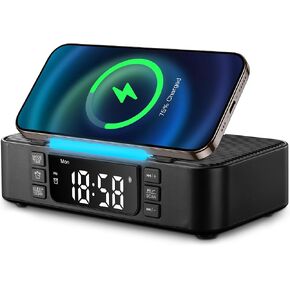 9-in-1 Wireless Charging Station with Bluetooth Speaker, Alarm Clock, FM Radio, Night Light – Compatible iPhone 16/15/14/SamsungS25/S24/Android, USB/Type-C/AUX, Phone Holder, Adjustable Display