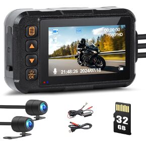 CAMECHO Motorcycle Dash Cam Front and Rear, 2 Channels Wide Angle Lens Night Vision, Full Body IP67 Waterproof, 3" Display Motorbike DVR System, Dashcam with 32GB Card, G-Sensor, Loop Recording