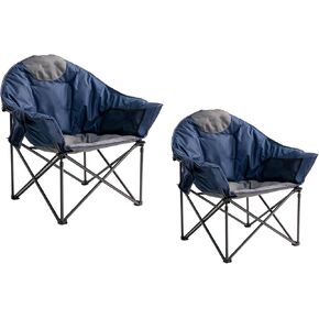 Oversized Camping Chair Padded Moon Saucer Chair Set of 2 with Cup Holder & Carry Bag, Heavy Duty 500lbs Capacity Folding Outdoor Lounge Chair for Lawn, Patio, Sports - Blue & Gray