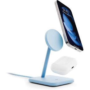 Twelve South HiRise 2 Deluxe 2-in-1 Wireless Charging Station for Apple Devices Qi2 MagSafe Charger, Fast Charger Stand for iPhone 15 14 13 12 11 Pro & Max Series AirPods Pro/3/2, Glacial Blue