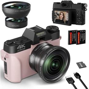 4K 48MP Digital Camera 16X Digital Zoom, Video Vlog Cameras with WiFi & Mic, Wide Angle & Macro Lens, 3" 180°Flip IPS Screen Webcam Travel Cameras for Teens, Beginner with 32GB Card, HDMI (Pink)