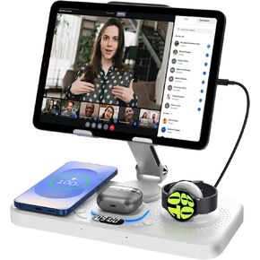 Charging Station for Samsung Devices, Foldable Wireless Charger with Clock Display & 7-Color Ambient Light, for Tablet Charging Dock, Compatible with Galaxy S24/S23/S22