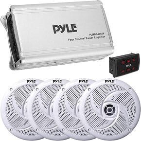 Pyle PLMRC400X4 800 Watt Peak Power 4 Channel Marine Class D Compact Amplifier with 2 Pair (Qty 4) of Pyle PLMRS8W 8" 320 Watt Peak Power 2-Way Marine Speakers (White), Wireless Receiver Remote