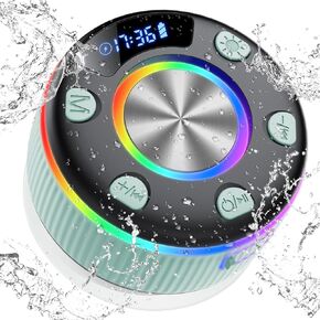 Bluetooth Shower Speaker, Portable Bluetooth 5.3 Speakers Wireless with Time Display, IP7 Waterproof Speakers with RGB Light, Suction Cup, Mini Stereo Speaker for Bathroom Party Beach Outdoor, Green
