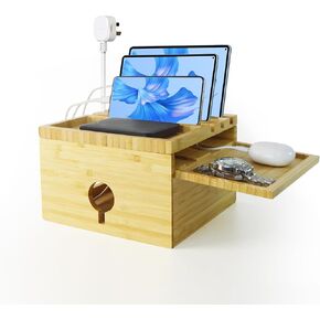 Bamboo Device Charging Station Organizer - Home Charging Station with Pull Out Divider and Cell Phone Tray, Power Plate Device Organizer