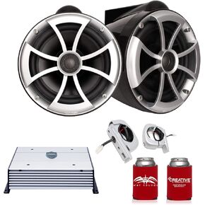 Wet Sounds ICON8B-FC-SA 8" Black Tower Speakers with Silver Aluminum Fixed Clamps & HTX2 600 Watt Amplifier