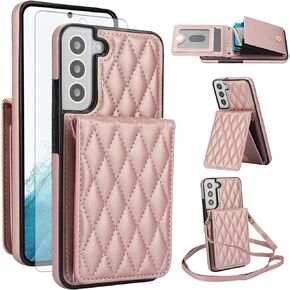 Phone Case for Samsung Galaxy S22 Plus S22+ 5G Wallet Cover with Screen Protector Credit Slot Card Holder Crossbody Strap Stand RFID Blocking S22+5G S22plus 22S + S 22 22+ Women Men Girls Purple