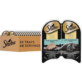 SHEBA PERFECT PORTIONS Cuts in Gravy Adult Wet Cat Food Trays (24 Count, 48 Servings), Sustainable Tuna Entrée, Easy Peel Twin-Pack Trays