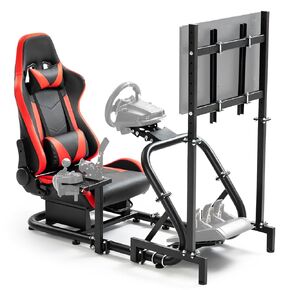 Supllueer Racing Cockpit Stand مع Monitor Mount ، حامل عجلة السباق مع مقعد أحمر مناسب لـ Logitech G25 G29 G920 ، Thrustmaster T248 ، لا توجد شاشة دواسة لرفاق عجلة القيادة