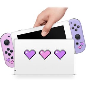 ZOOMHITSKINS Compatible with Switch Skin Cover Gaming Girl Plain Solid Pink White Purple Heart Cute Vintage Pixel Vinyl Decal Sticker Wrap, Made in The USA
