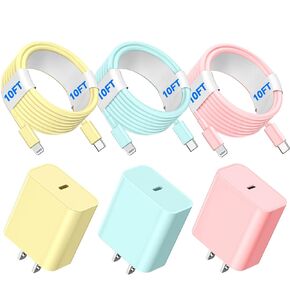 Compatible with iPhone,USB C to ightning Cable 3Pack 10FT Long Phone Cables,Type C Phone Charger Cord Fast Charging for Phone 14 13 12 11 Pro Max X XS XR 8 7 6s Plus SE and More-YellowBluePink