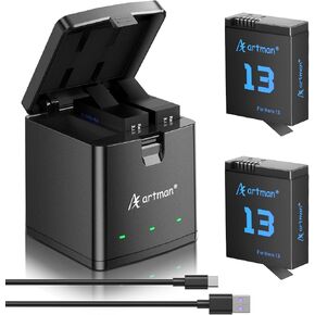 Artman Hero 13 Battery 2100mAh Fully Compatible with GoPro Hero13 Black Camera, 3-Channel LED USB Storage Charger for Hero 13 Batteries and Charger (2-Pack)