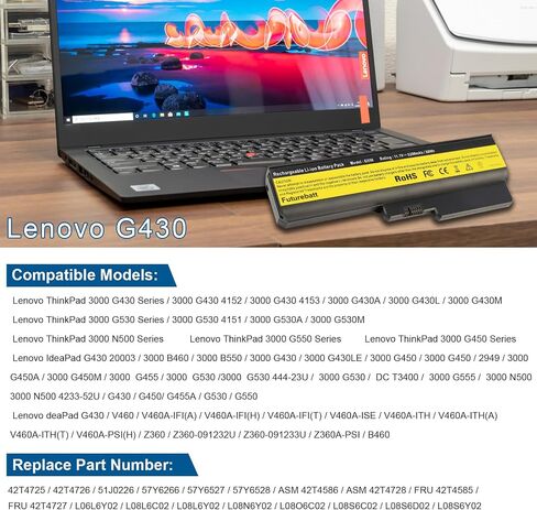 Futurebatt 6 Cell 5200mAh Laptop Battery for Lenovo 3000 B460 B550 G430 G450 G455 G530 G550 G555 N500, Ideapad B460 G430 V460 Z360 Notebook in Saudi Arabia