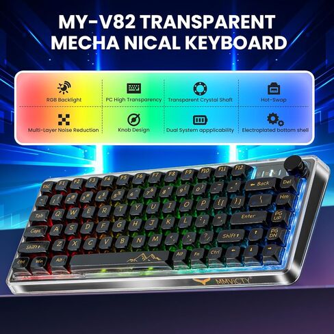 My-V82 75 ٪ من لوحة مفاتيح ألعاب الكهربية التي تحتوي على حشية محمولة على حشية الكهربية ، لوحة مفاتيح ألعاب BT5.0/2.4 جيجا هرتز/USB-C مع RGB ، بطارية 3000mAh للفوز/MAC (أبيض والأسود) in Kuwait