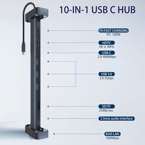 محول USB C Hub Multiport ، محطة إرساء 10-in-1 مع 4K HDMI ، USB-C ، 3 USB 3.0 ، قارئ بطاقة SD/TF ، الصوت ، 100 واط PD ، RJ45 Ethernet متوافق مع MacBook Pro/Air ، Dell ، HP ، Lenovo (10-in-1) in Kuwait