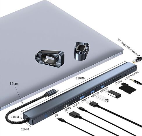 محول USB C Hub Multiport ، محطة إرساء 10-in-1 مع 4K HDMI ، USB-C ، 3 USB 3.0 ، قارئ بطاقة SD/TF ، الصوت ، 100 واط PD ، RJ45 Ethernet متوافق مع MacBook Pro/Air ، Dell ، HP ، Lenovo (10-in-1) in Kuwait