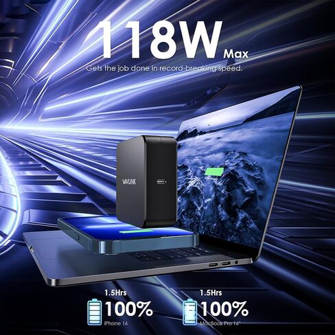 WAVLINK 118W GaN Charger, Ultra-Fast PD3.0 USB C Charger with GaN Ⅱ Tech, One-Port Wall Power Adapter for Laptops, iPhone, Android (with USB-C Cable), Portable for Anywhere You Travel in Saudi Arabia