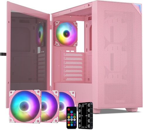 VETROO AL800 Full Tower PC Computer Case w/Door Opening Design Tempered Glass, E-ATX/ATX Support, Built-in ARGB LED Strip in Front Mesh Panel, Type-C Ready, 4Pcs 120mm Addressable RGB Fans -Pink in Saudi Arabia