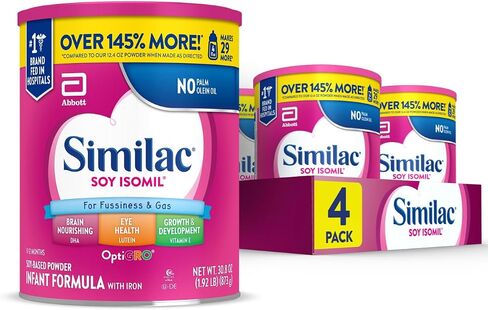 Similac Soy Isomil Infant Formula, for Fussiness & Gas, Plant-Based Protein, Baby Formula Powder, 30.8-oz Value Can, Pack of 4 in Kuwait