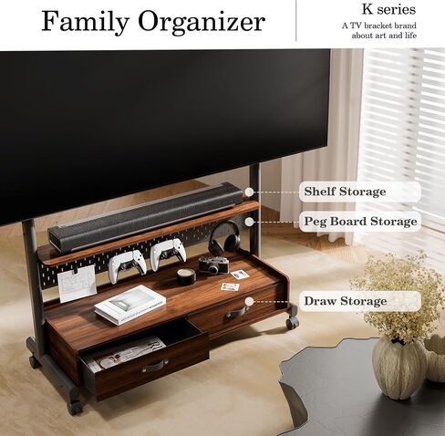 Fitueyes Rolling TV Stand مع أدراج من 70 إلى 100 شاشة تلفزيون كبيرة ， حامل تلفزيون Mobile على عجلات مع Pegboard و Wooden Resfl و Wooden Swit in Kuwait