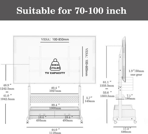 Fitueyes Rolling TV Stand مع أدراج من 70 إلى 100 شاشة تلفزيون كبيرة ， حامل تلفزيون Mobile على عجلات مع Pegboard و Wooden Resfl و Wooden Swit in Kuwait