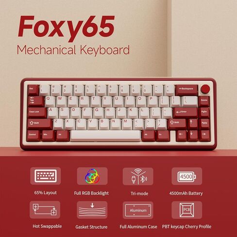 Chilkey Foxy65 Mechanical Keyboard with Knob, Gasket Mount 65% Aluminum Wireless Mechanical Keyboard, BT5.0/2.4GHz/USB-C, Hot Swappable, RGB Backlit Computer Custom Key Board for PC in Kuwait
