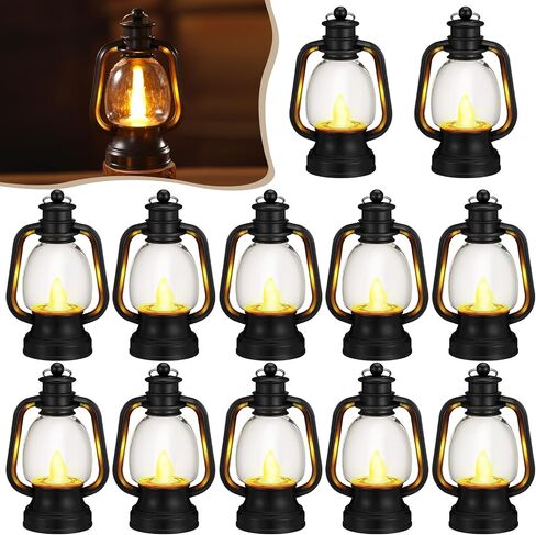 Ferraycle 12 Pcs Halloween Mini Lantern Decorative with LED Candle 4'' Small Lantern Table Centerpiece Vintage Christmas Lantern Ornament Camping Hanging Lantern Bulk for Western Cowboy Decor (Black) in Saudi Arabia