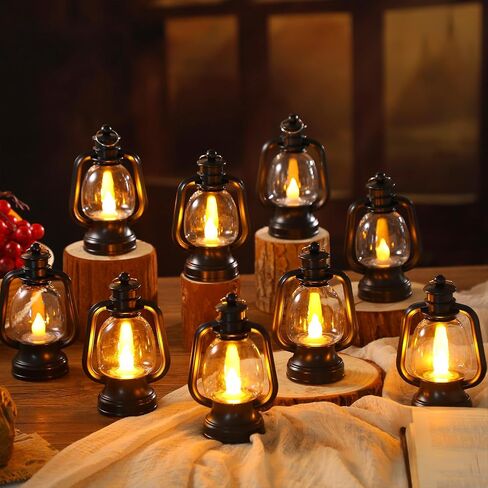 Ferraycle 12 Pcs Halloween Mini Lantern Decorative with LED Candle 4'' Small Lantern Table Centerpiece Vintage Christmas Lantern Ornament Camping Hanging Lantern Bulk for Western Cowboy Decor (Black) in Saudi Arabia