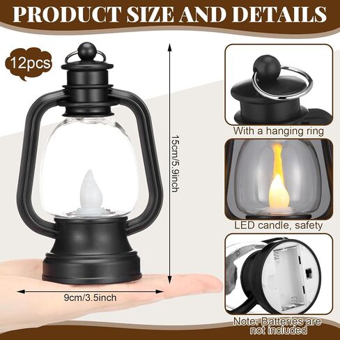 Ferraycle 12 Pcs Halloween Mini Lantern Decorative with LED Candle 4'' Small Lantern Table Centerpiece Vintage Christmas Lantern Ornament Camping Hanging Lantern Bulk for Western Cowboy Decor (Black) in Saudi Arabia