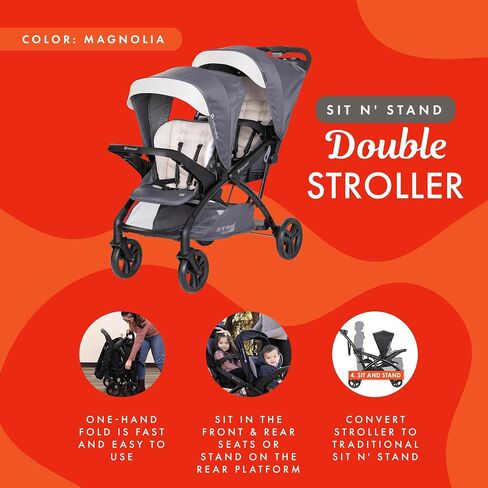 Baby Trend Sit N Stand Double Stroller 2.0 DLX with 5 Point Safety Harness, Canopy, Extra Basket, 2 Cup Holders, and Covered Compartment, Magnolia in Saudi Arabia