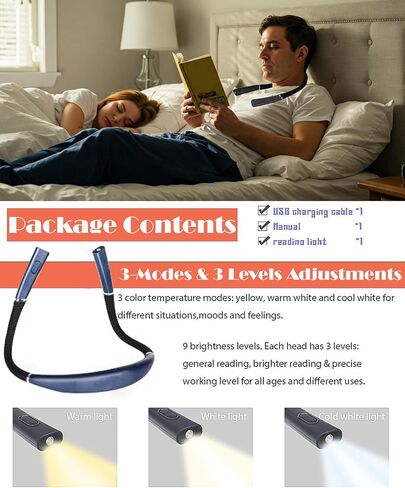 Rechargeable LED Neck Reading Light – 3 Color Modes & 3 Brightness Levels, Flexible & Adjustable Arms, Non-Slip Design, 60-80 Hr Long Lasting, Soft Silicone Comfort for Book Lovers Gray in Saudi Arabia