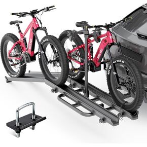 2 EBike Rack with Ramp, 2" Hitch Mounted Carrier Bike Racks Platform, Heavy Duty 200 Lbs Max Loading for 4.8" Fat Tire, Standard and Electric Bicycles, Foldable E-Bike Rack for SUVs Cars Trucks Vans