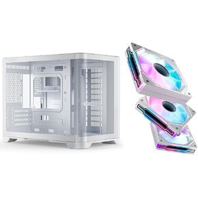 AsiaHorse Micro ATX PC Case Dual Chamber 180° Full View Tempered Glass Gaming MATX PC Case with Amici PC Case Fan Reverse Blade, White-3Pack