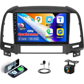 4GB+64GB, 8 Core Qualcomm Car Stereo Radio for Hyundai Santa Fe 2006-2012 Android 13 Wireless CarPlay Android Auto 9 Inch IPS Touchscreen GPS Navigation Bluetooth 5.1 DSP WiFi AHD Backup Camera SWC