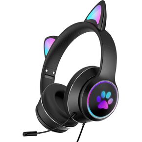 Stereo Gaming Headset for PS4 PC PS5 Xbox One Nintendo Switch, Wired Cat Ear Headphones with Mic, Surround Bass, Soft Earmuffs, Noise Cancelling Over Ear Headphones for Girls Kids, Black