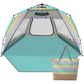 Beach Tent Sun Shelter for 4-6 Person - Pop Up Beach Tent UPF 50＋ UV Protection, Lightweight and Easy Setup Cabana, Extendable Floor with 3 Ventilating Windows, Carrying Bag