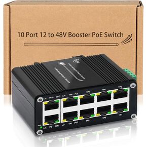 Industrial 10-Port Gigabit PoE Switch, 12–48V DC Input with Built-in Voltage Booster, 8-Port 802.3at 30W + 2 Uplink, 120W Output, DIN-Rail Mountable