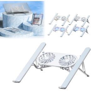 Aluminum Laptop Cooling Pad Stand with Dual Fans – Adjustable Height Foldable Laptop Cooler for 13–21 Inch Laptops – Silent Cooling Desk Stand for Home Office or Travel (Silver with Light)