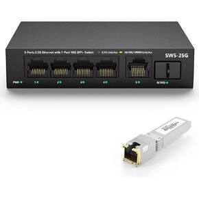 5 Port 2.5GB Unmanaged Ethernet Network Switch | 5 x 2.5 Gigabit | 1 x 10Gb SFP+ | 45Gb Bandwidth | Fanless Metal Internet Multigig Switch | NOT Support VPN | Include 10Gb SFP to RJ45 Module 98Ft(30m)