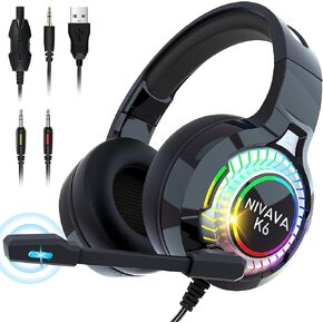 Gaming Headset for PS4, PC Headphones with Microphone LED Light Mic for Nintendo Switch PS5 Playstation Computer, K6(Black)