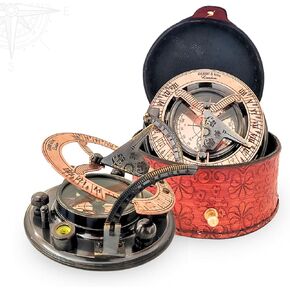 ANTIQUANA Antique Brass & Copper Sundial Compass, Sundial Clock in Box Gift Sun Clock Ship Replica Watch (BS2)