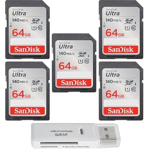 SanDisk 64GB Ultra SDXC UHS-I Class 10 Memory Card 140MB/s U1, Full HD, SD Camera Card SDSDUNB-064G (5 Pack) Bundle with (1) GoRAM USB 3.0 Card Reader