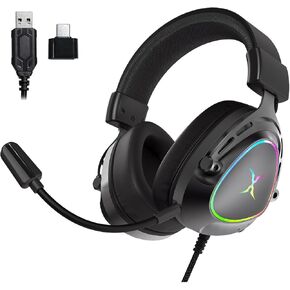 HAU-50 Gaming Headset with 7.1 Surround Sound, USB Wired Over-Ear Headphones with 50mm Drivers, RGB Lighting, Removable Mic, Memory Foam Earcups, for PC, PS4, PS5, Laptop, Smartphone