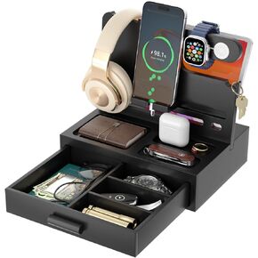 Phone Docking Station for Men - Desk or Nightstand Organizer with Drawer - Birthday Gifts for Husband, Dad, Boyfriend,Him - Wooden Charging Station for Phone Watch Key Holder Stand Wallet (Black)