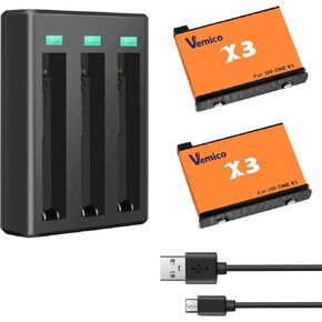 Vemico One X3 Charger Charger Set 2x 1800mAh لبطاريات X3 البديلة 3 Channel LED شاحن بطارية Micro-USB Type-C لـ 360 One X3 Sport Action Camera (واحد × 3)