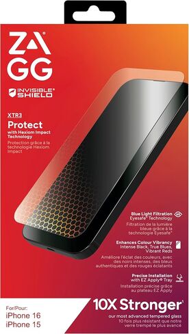 ZAGG InvisibleShield Glass XTR3 iPhone 16/15 Screen Protector - Blue-Light Filtration, 10X Stronger, Scratch & Smudge-Resistant Surface, Edge-to-Edge Protection, Install Tray Included in Saudi Arabia